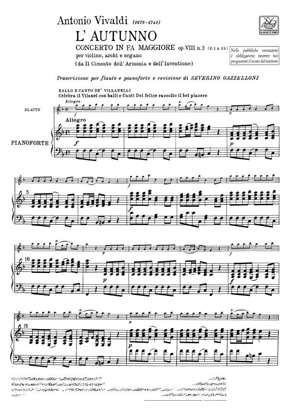Concerto per Flauto, Archi e BC - In Fa 'L'Autunno' Op. Viii N. 3 Rv 293, F.I-24 - příčná flétna aklavír